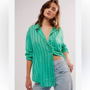 We The Free Nati Sheer Striped Button Down Shirt Green Size Small